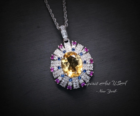 Luxury Radiant Genuine Citrine Necklace - Source Light Style Gold coated  925 Sterling Silver - Exclusive Design 3 CT Citrine Pendant #903