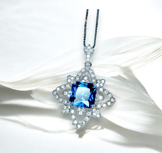 Blue Sapphire Necklace  Gemstone Medal of Honor Flower Necklace 18KGP @ Sterling Silver Star Pendant Four Petal Flower Sapphire Jewelry #515