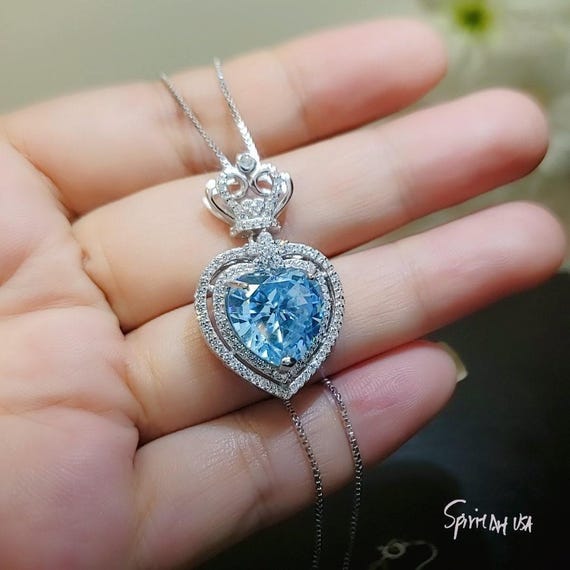 Aquamarine Necklace -  Blue Hear Pendant - Sterling Silver Crown - Sim Gemstone - 7 Ct  Blue Aquamarine Jewelry -   March Birthstone #804