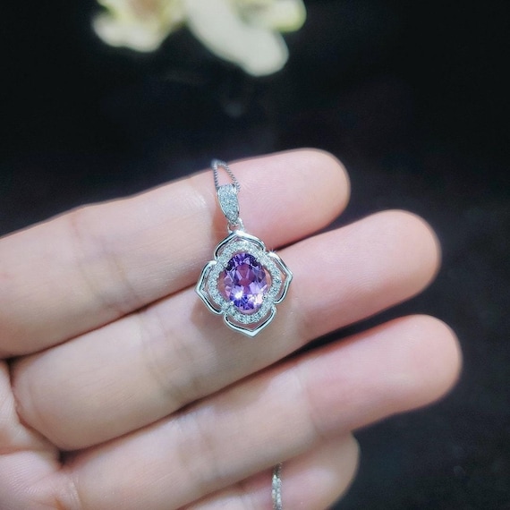 Amethyst Necklace, Flower of Life Style - 18kgp @ Sterling Silver - Genuine Natural Amethyst Jewelry , Crystal Yoga Pendant #322