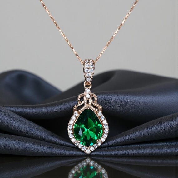 Dainty Emerald Necklace - Rose Gold coated Sterling Silver - Lab Created Green Emerald Pendant -  May Birthstone #187