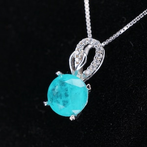 Sterling Silver Round Paraiba Necklace - 8 mm  2 CT Blue Gemstone Pendant  Paraiba Tourmaline Necklace #009