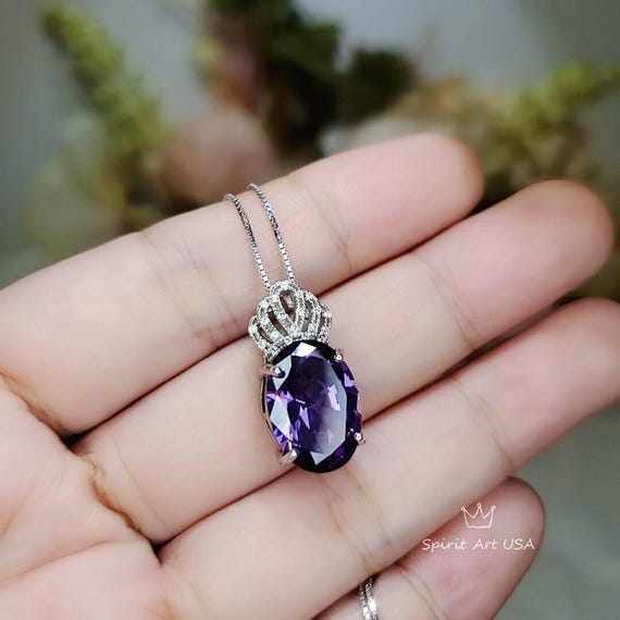 Created synthetic Amethyst Necklace -  Diamond Crown 6 CT Amethyst Pendant - Sterling Silver White Gold Plated Large  Purple Jewelry #657