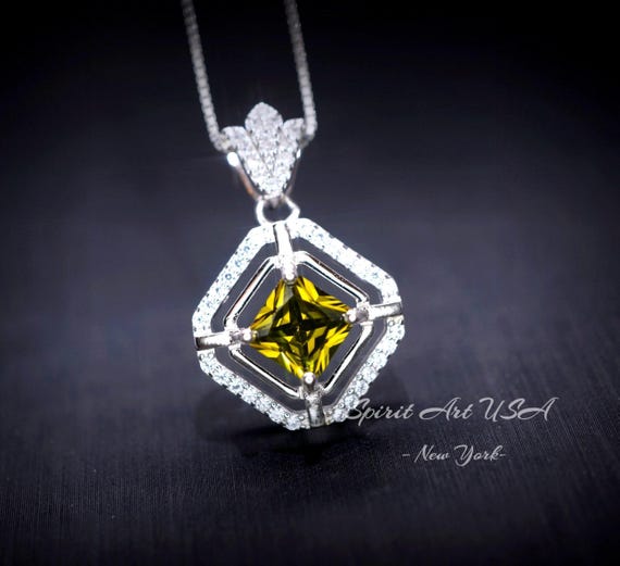 Diamond Crown Square Peridot Necklace  18KGP @ Sterling Silver - Double  Halo 0.9 CT Green Peridot Pendant Jewelry - August Birthstone #033