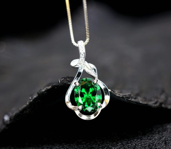 Green Emerald Necklace Sterling Silver Flower Of life Pendant, white gold 18kgp Oval Cut box chain  emerald jewelry 077