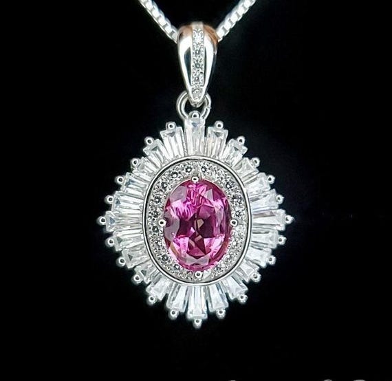 Pink Tourmaline Necklace - Gemstone Halo Tourmaline Pendant  - White Gold coated Sterling Silver - 1.5Ct Oval Cut  Pink #1012