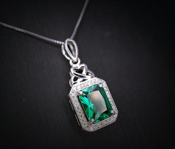 Emerald Necklace - Rectangle Gemstone Sterling Silver 3.5 CT Green Gemstone Pendant White Gold Plated #324