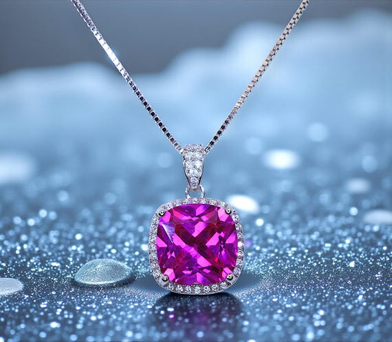 Pink Sapphire Necklace - 6CT Fuchsia Hot Pink Gemstone Pendant - Large Square Sapphire Jewelry Sterling Silver White Gold Plated #462
