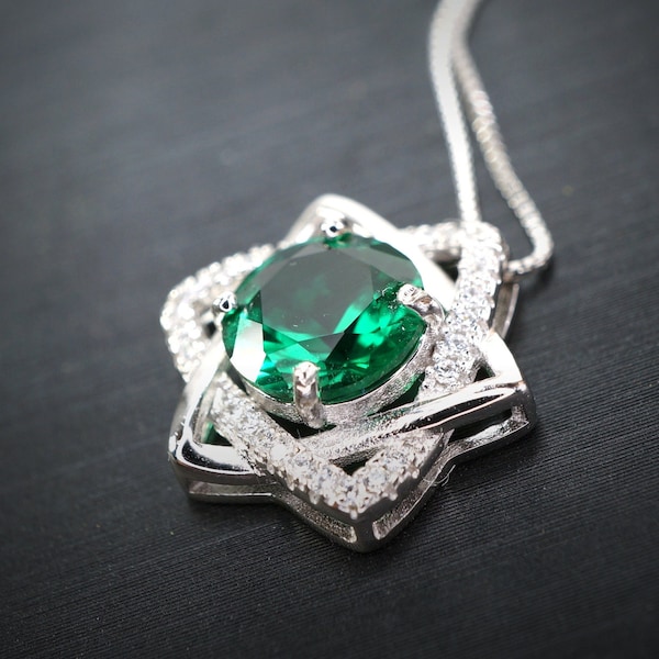 Emerald Necklace Gemstone David Star Style - May Birthstone -  Lab Created Emerald Jewelry white gold coated sterling silver #318