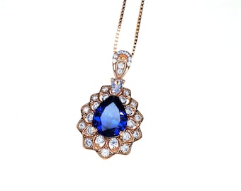 Teardrop Tanzanite Necklace Rose Gold Sterling Silver 3CT Blue Tanzanite Pendant December Birthstone - Layered Lily Flower #751