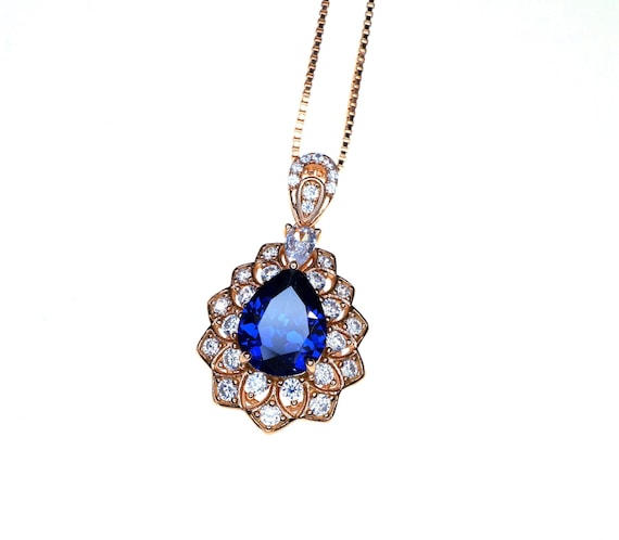 Teardrop Tanzanite Necklace Rose Gold Sterling Silver 3CT Blue Tanzanite Pendant December Birthstone - Layered Lily Flower #751