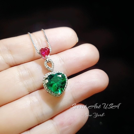 Green Emerald Double Heart Necklace - Gemstone Halo  Heart Pendant - Sterling Silver White Gold Plated Lab Emerald Jewelry #732