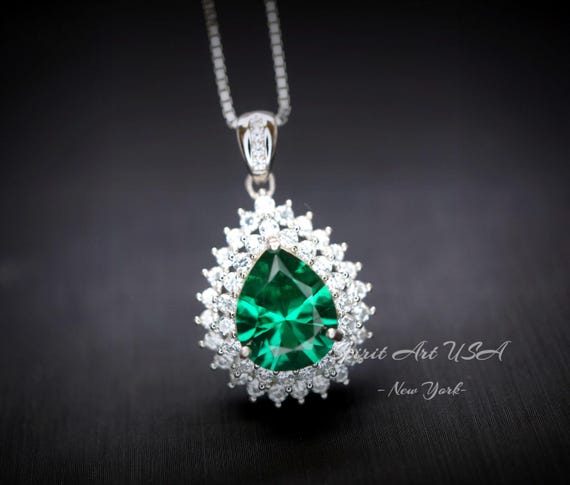 Double Halo Teardrop Emerald Necklace - 18KGP Sterling Silver - 3 CT Large Nano Green Emerald Pendant -  Gemstone Pear Jewelry 1125
