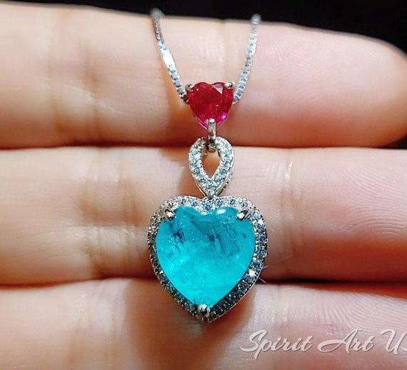 Double Heart Paraiba Necklace - 18KGP @ Sterling Silver - 5 Ct Heart with Heart Pendant -  Lab Created Blue Paraiba Tourmaline Jewelry #739