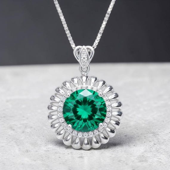Large Emerald Necklace - Sterling Silver Sunflower Sun Necklace 4 Ct Green Gemstone Halo Emerald May Birthstone Gift #491