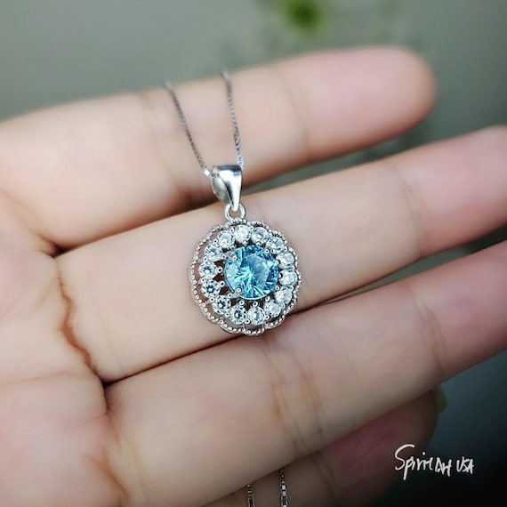 Tiny Aquamarine Necklace - Sterling Silver Sunflower Aquamarine Pendant - Halo Blue Gemstone March Birthstone Aquamarine Jewelry 1104