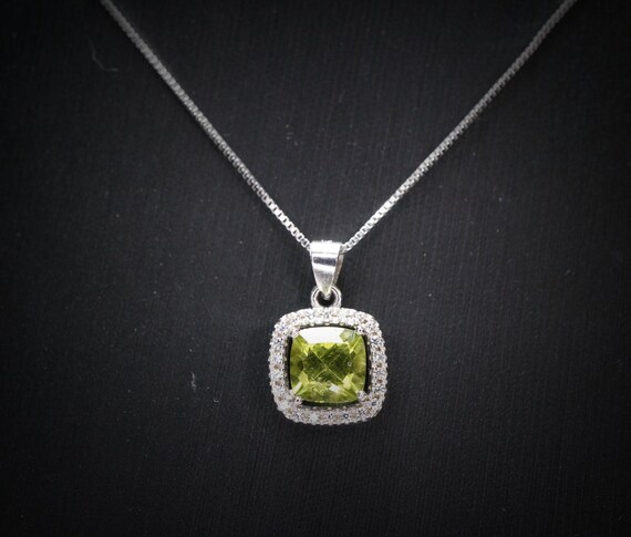 Genuine Green Peridot Necklace - Sterling Silver - Natural Peridot - Square Green Gemstone - Birthstone - Tiny Peridot Pendant #1014
