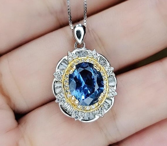 Blue Sapphire Lotus Flower Necklace Gemstone Gold Halo 3 ct Oval Blue Gemstone Pendant Sterling Silver White Gold plated  Jewelry #720