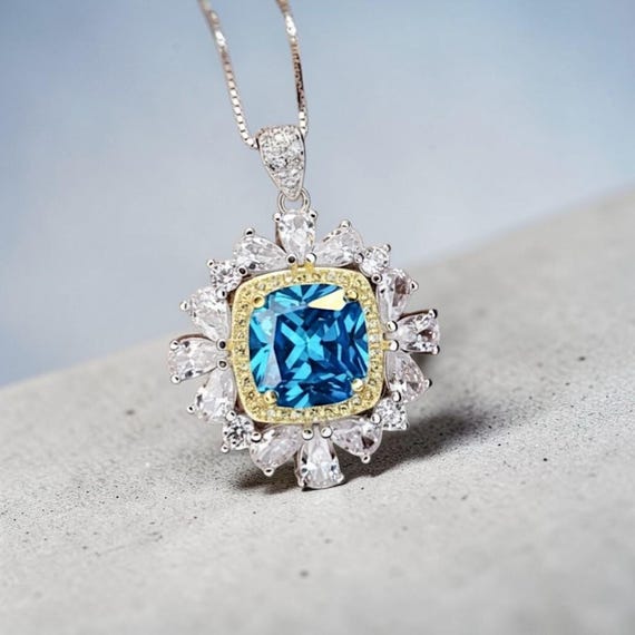 Blue Topaz Necklace 18kgp @ Sterling Silver Large Square Radiant Cut  Halo 7 CT  Blue Topaz Gemstone Pendant November Birthstone #808