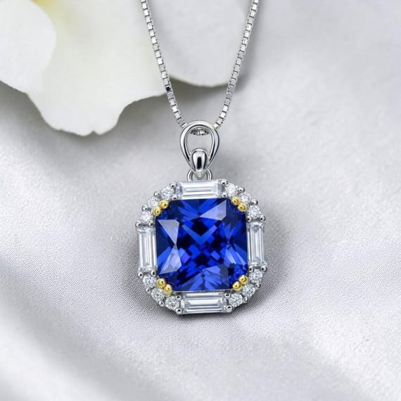 Solitaire Tanzanite Necklace - Deep Royal Blue Tanzanite Pendant - 18KGP @ Sterling Silver - December Birthstone -  Square Scissor Cut #413