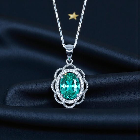 Paraiba Tourmaline Necklace, Lab Created Blue Green Gemstone Pendant, Sterling Silver Floral Halo Necklace, Victorian Style Jewelry 1143
