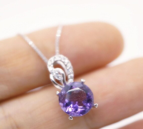Genuine Amethyst Necklace - Sterling Silver  - 8 mm 2 CT Round Solitaire - Natural Amethyst Pendant #263