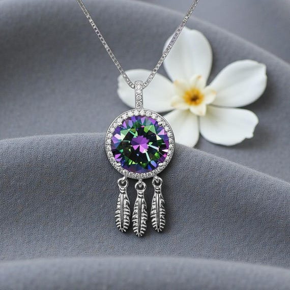 Large Mystic Topaz Necklace 6 CT Rainbow Gemstone Dream catcher jewelry   Sterling Silver White Gold Plated Solitaire #1134