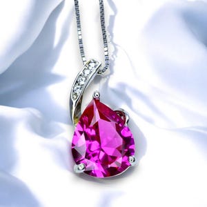 Simple Pink Sapphire Necklace, Large Teardrop Pink Sapphire Jewelry - 18k White Gold @ Sterling Silver #606