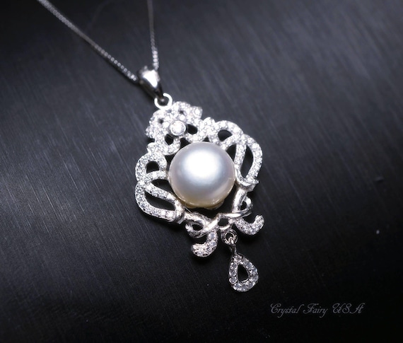 Bridal Genuine Pearl Necklace - 18KGP @ Sterling Silver -   Natural Freshwater Gemstone Tassel White Pearl Pendant Jewelry #706