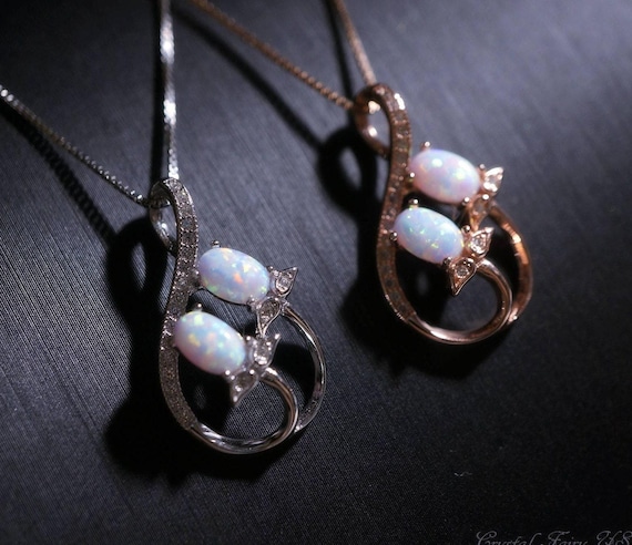 Opal Necklace - 18kGP @ Sterling Silver - Rose Gold  - Created White Opal Necklace - Double Oval Opal Leaf Style #127