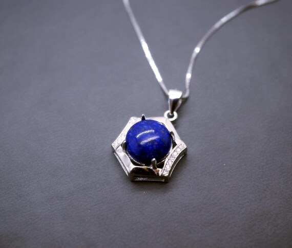 Sterling Silver Lapis Lazuli Necklace, Blue Stone Hexagon Six Sides Geometric  Halo Natural Cobalt Lapis Lazuli Box Chakra Healing 1030