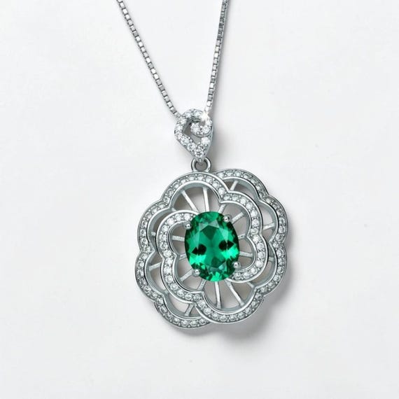 Large Gemstone Peony Emerald Necklace 2.1 CT Oval Cut Emerald  Pendant 18KGP @ Sterling Silver #562