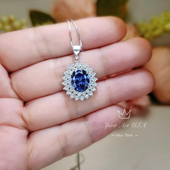 Large Tanzanite Necklace Double Layer Gemstone Halo 2.8 CT  Tanzanite Pendant Sterling Silver White Gold Plated Blue Gemstone #730