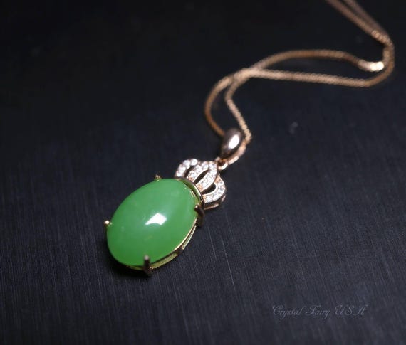 Emerald Jade Necklace - Rose Gold coated Sterling Silver Crown Pendant -  Green Jade Jewelry #614