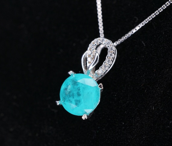 Sterling Silver Round Paraiba Necklace - 8 mm  2 CT Blue Gemstone Pendant  Paraiba Tourmaline Necklace #009