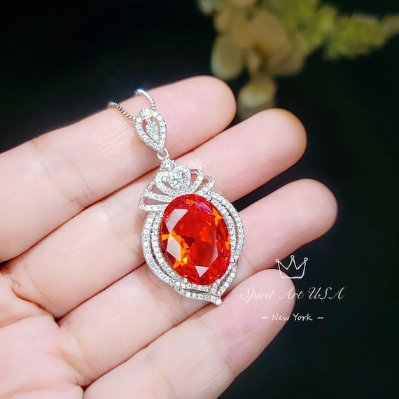 Large Sunstone Necklace, Full Sterling Silver Royal Gemstone Crown Chunky  Created Orange Gemstone 13CT Sun Stone Pendant Jewelry #912