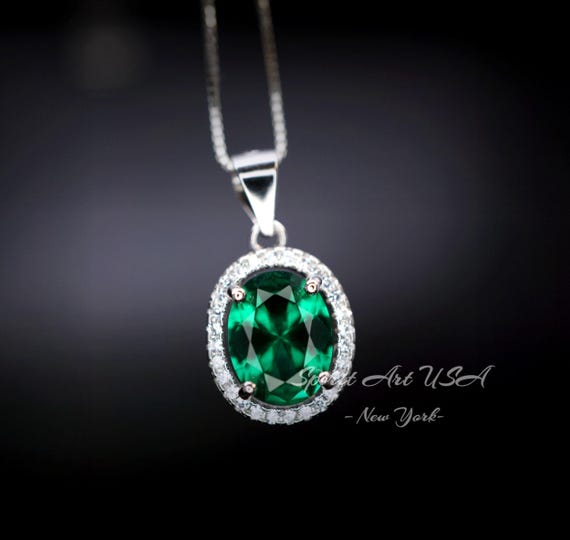 Classic Halo Emerald Necklace Sterling Silver Oval 2 CT Green Emerald Pendant Gemstone Solitaire  May Birthstone Jewelry #117