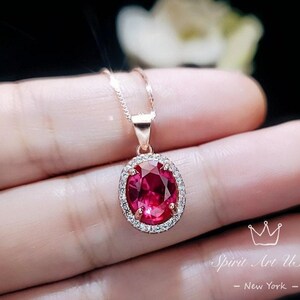 Solitaire Ruby Necklace, Rose Gold Sterling Silver Oval Red Ruby Jewelry - High Quality Gemstone Halo Ruby Pendant #129