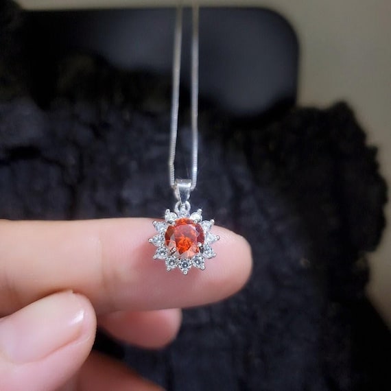 Tiny Sunstone Necklace - Sterling Silver Tangerine Sapphire Red Orange Spessartite Garnet Necklace - Princess Diana Style Sunflower  013
