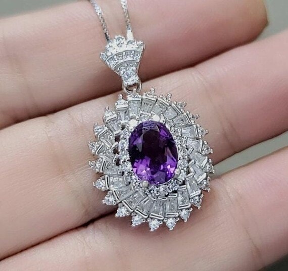 Natural Amethyst Necklace Double Halo  Amethyst Pendant  Genuine Purple Amethyst Jewelry- Chakra Healing 18KGP @ Sterling Silver #834
