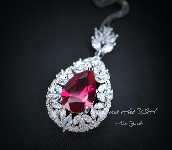 Large Teardrop Ruby Necklace - 3 CT Red Ruby Pendant  -  Gemstone Petal Flower - Wheat Style Necklace -  18KGP @ Sterling Silver #895