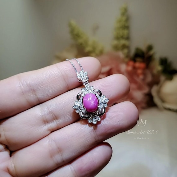 Star Ruby Necklace - Gemstone Royal Flower Ruby Pendant - 18KGP @ Sterling Silver -  July Birthstone #749