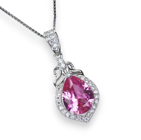 Teardrop Pink Tourmaline Necklace, Gemstone Halo Pink Gemstone Pendant, Sterling Silver White gold   Solitaire Fuchsia Gemstone Jewelry #196