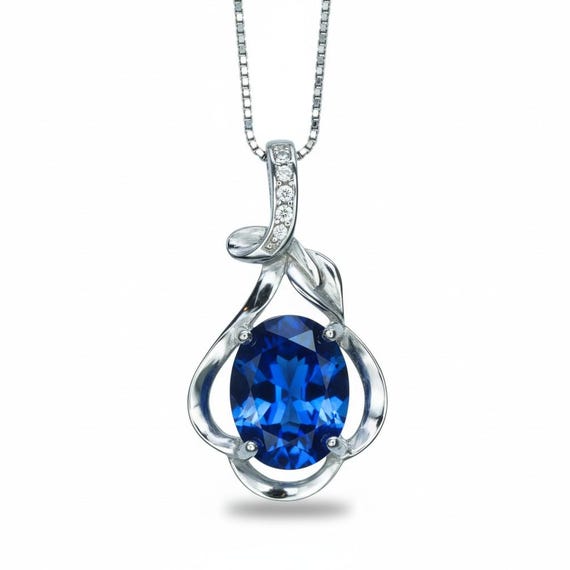 Tiny Blue Sapphire Necklace Sterling Silver Flower White Gold Plated Petal 1.5 CT Blue Gemstone Pendant September Birthstone #161