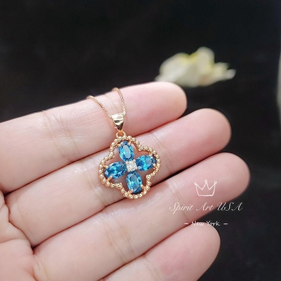 Four-leaf Clover Topaz Necklace - Rose Gold Coated 925 Sterling Silver Flower December Birthstone  London Blue Topaz Pendant #142