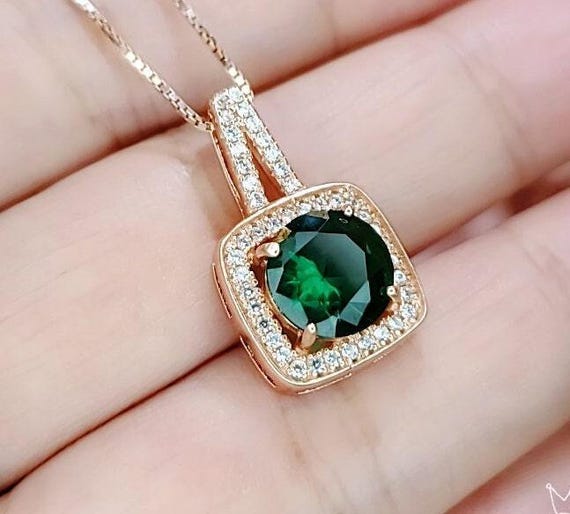 2 CT Emerald Necklace  - Gemstone Square Halo Rose Gold plated Sterling Silver round cut emerald pendant #141