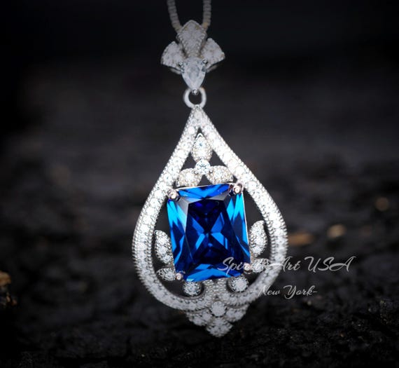 Blue Sapphire Necklace - Spirit  Royal Flower Jewelry - 5 Ct Radiant Cut Large   Blue Sapphire Pendant -  18KGP Sterling Silver #872