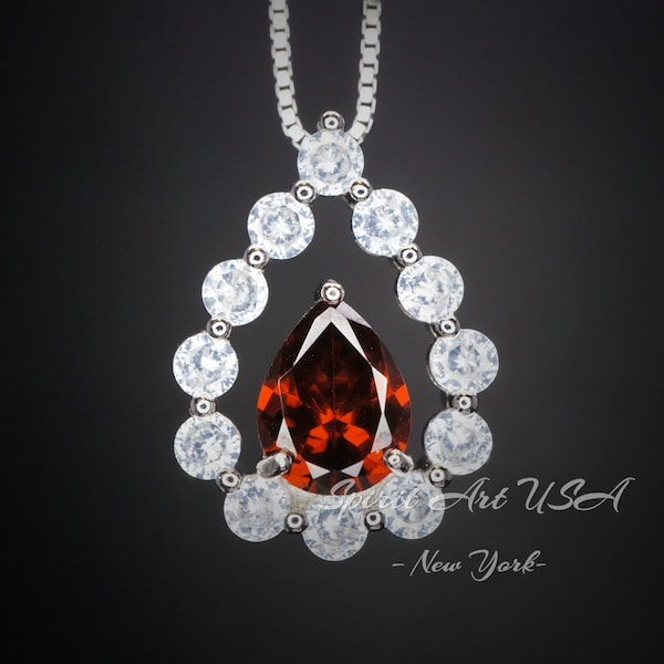 Spessartite Garnet Necklace - Teardrop Gemstone Halo Garnet Pendant - 18kgp @ Sterling Silver - January Birthstone #410