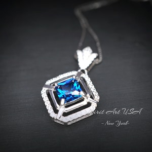 Square Blue Sapphire Necklace - White Gold plated Sterling Silver - 1 CT Blue Sapphire Pendant - Dainty Double Halo Tiny Crown Flower #392