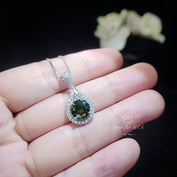 Round Peridot Necklace Sterling Silver 2 CT Sim Gemstone Green Pendant  August Birthstone Teardrop Style Solitaire Lab Created #156
